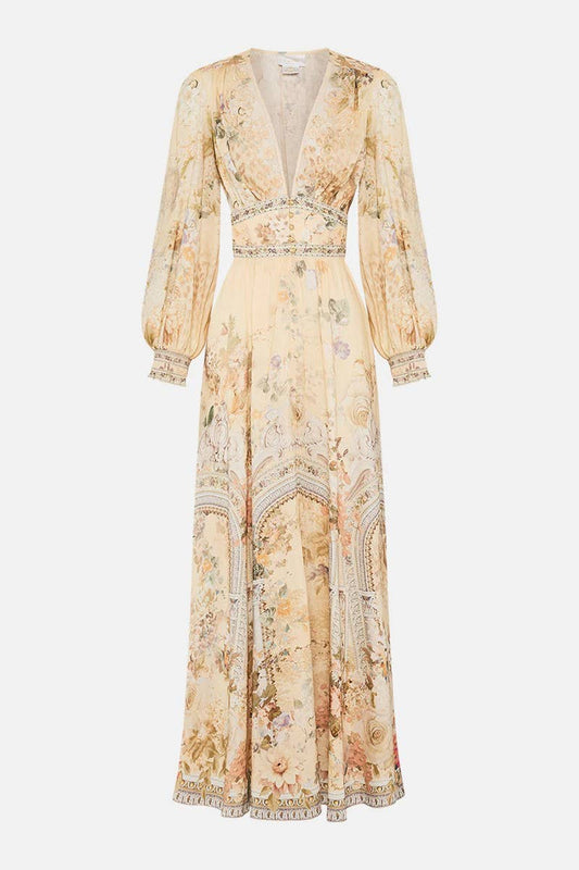 CWDMD5722_SUMMER V-NECK LONG-SLEEVED PUFF SLEEVE DRESS: BEIGE / (S) 1