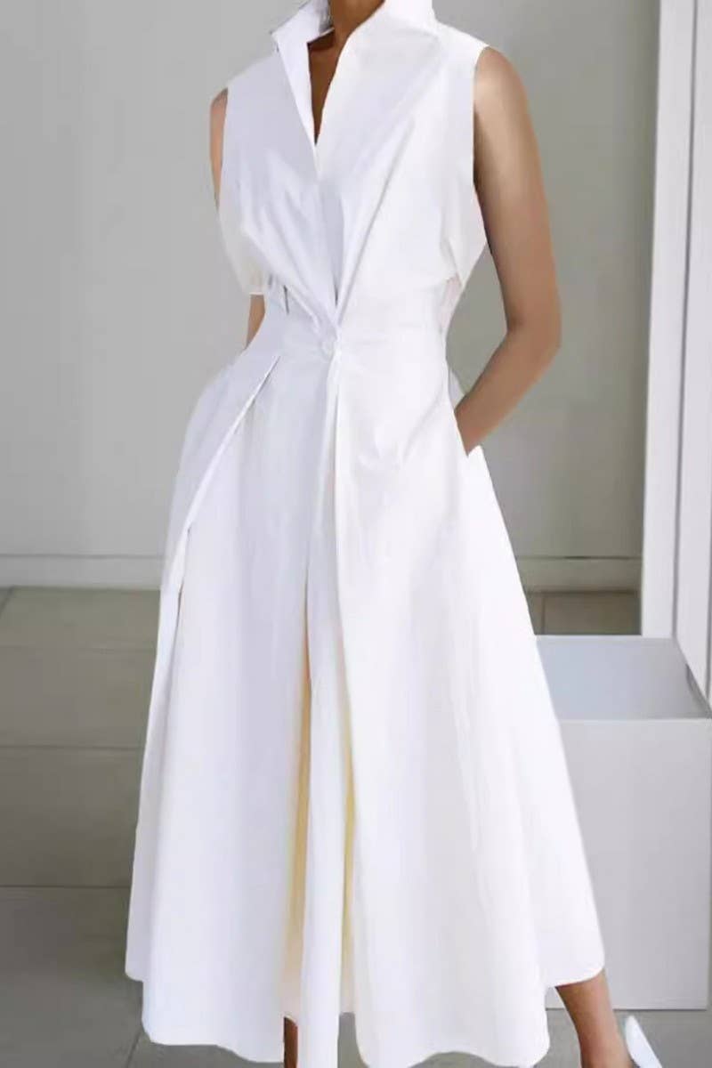 CWDMD01052_SUMMER COMMUTING V-NECK BUTTON-DOWN DRESS: WHITE / (XXL) 1