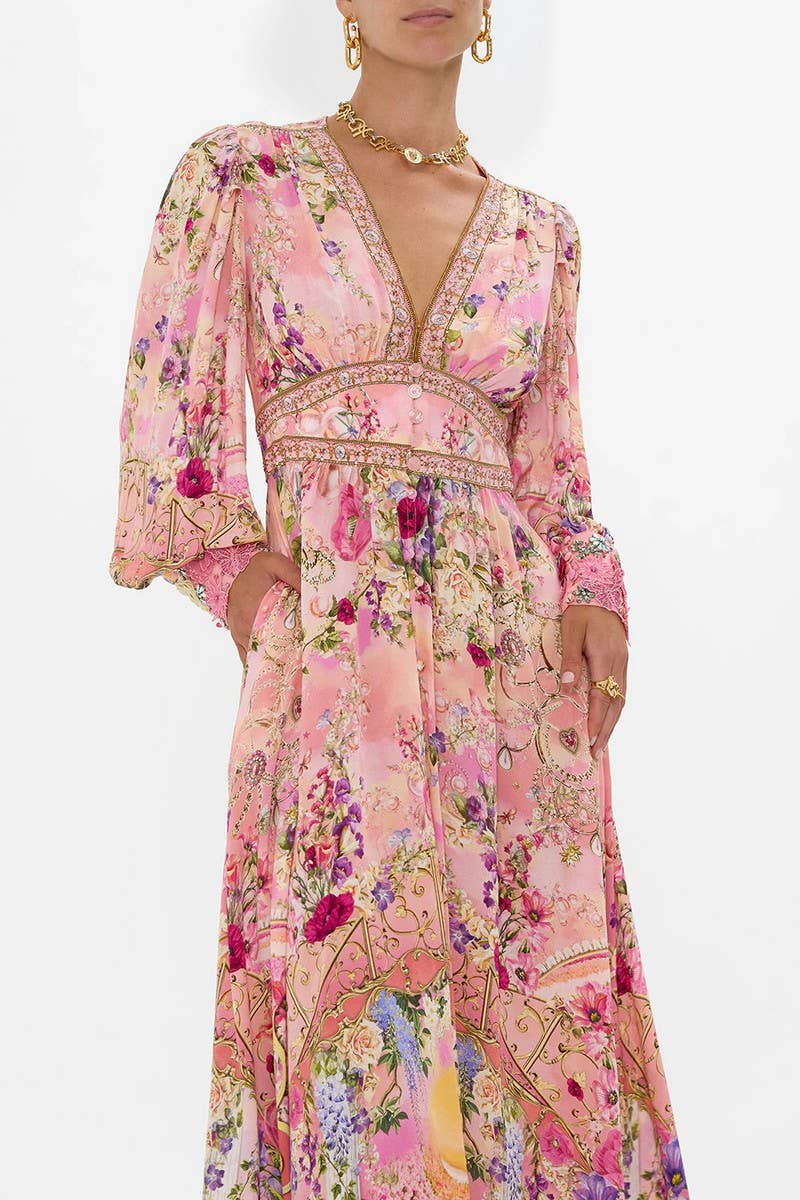 CWDMD5722_SUMMER V-NECK LONG-SLEEVED PUFF SLEEVE DRESS: BEIGE / (XL) 1