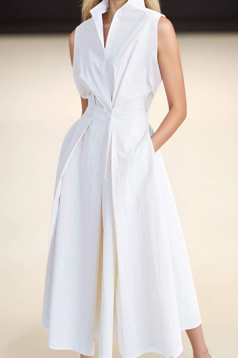 CWDMD01052_SUMMER COMMUTING V-NECK BUTTON-DOWN DRESS: WHITE / (XXL) 1