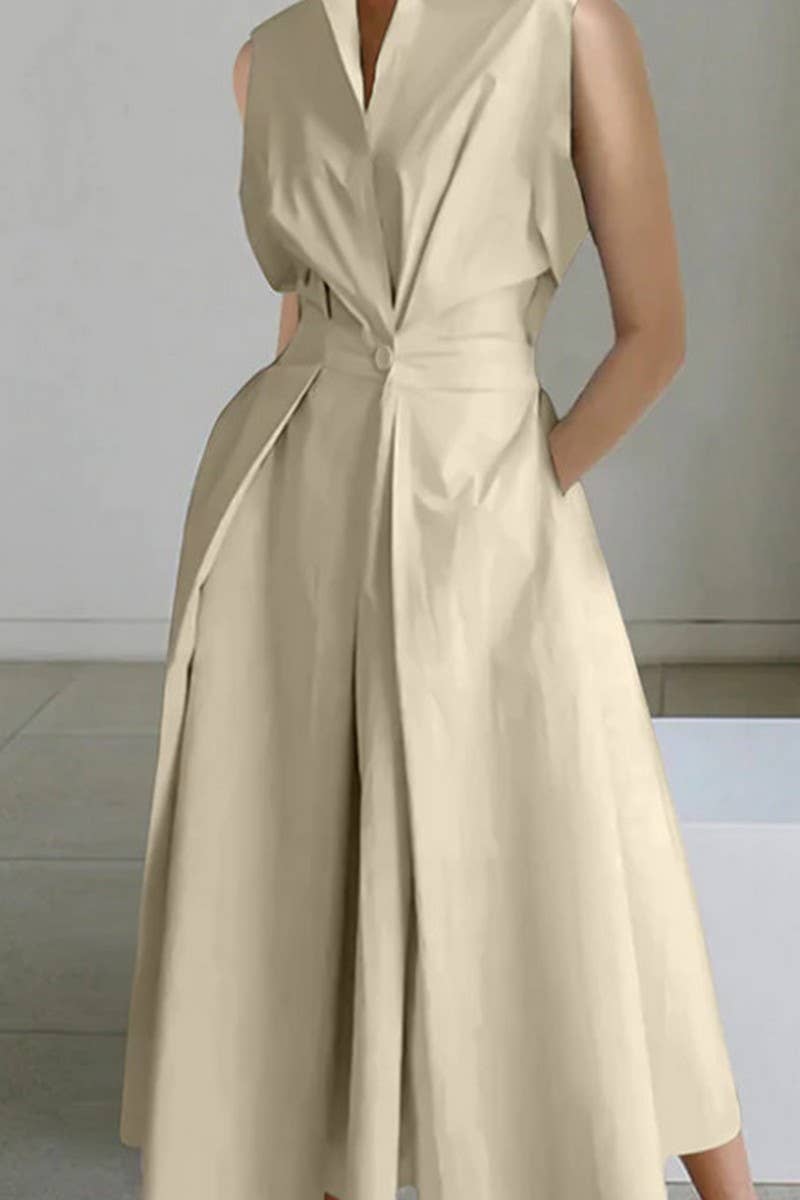 CWDMD01052_SUMMER COMMUTING V-NECK BUTTON-DOWN DRESS: WHITE / (L) 1