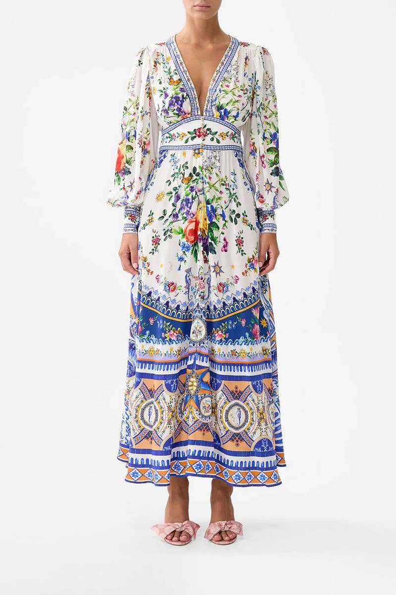CWDMD5722_SUMMER V-NECK LONG-SLEEVED PUFF SLEEVE DRESS: BEIGE / (XL) 1