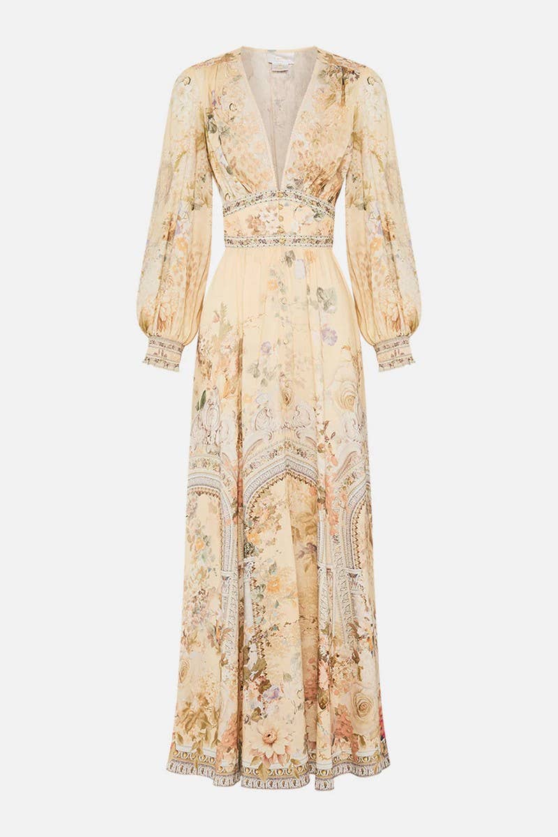 CWDMD5722_SUMMER V-NECK LONG-SLEEVED PUFF SLEEVE DRESS: BEIGE / (XXL) 1