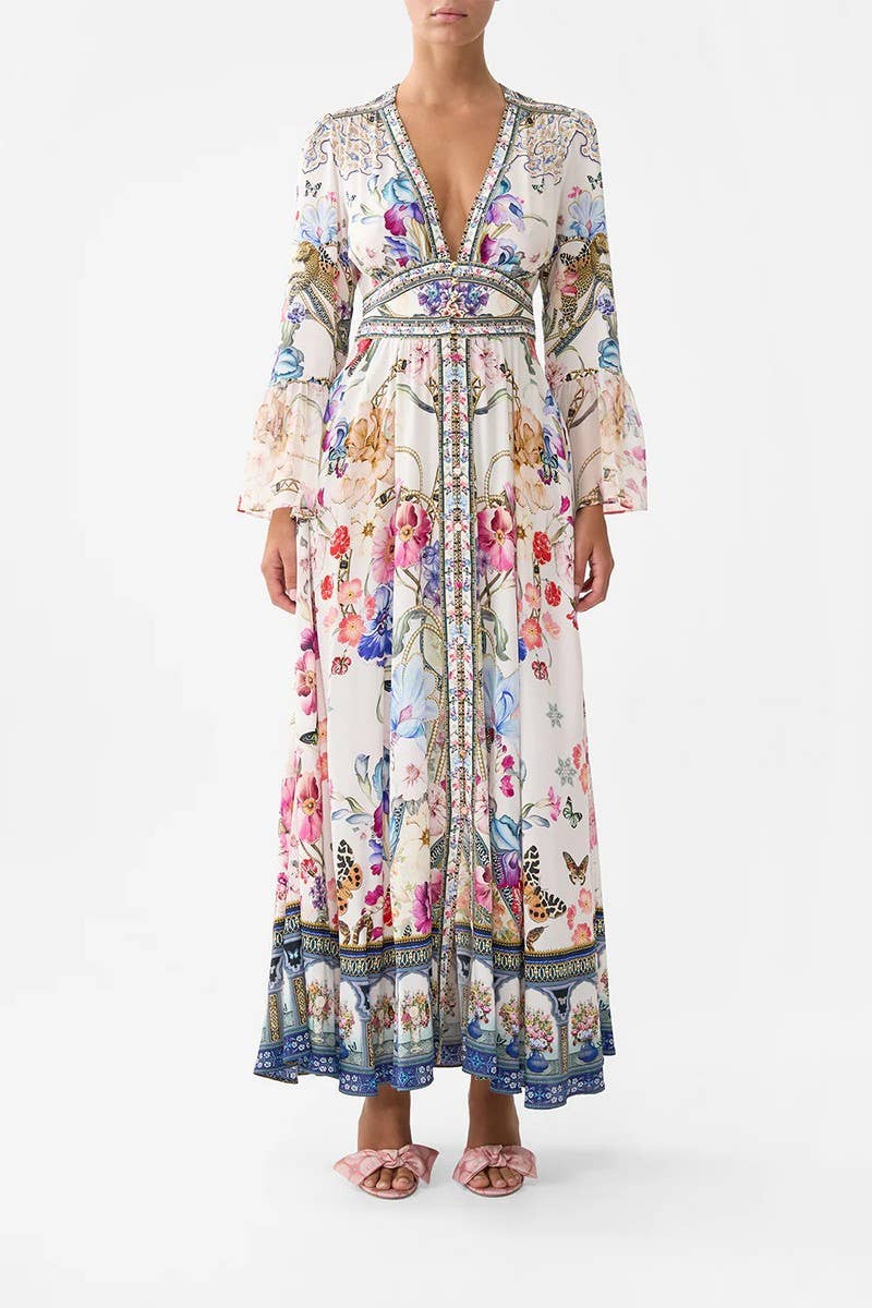 CWDMD5722_SUMMER V-NECK LONG-SLEEVED PUFF SLEEVE DRESS: BEIGE / (XL) 1