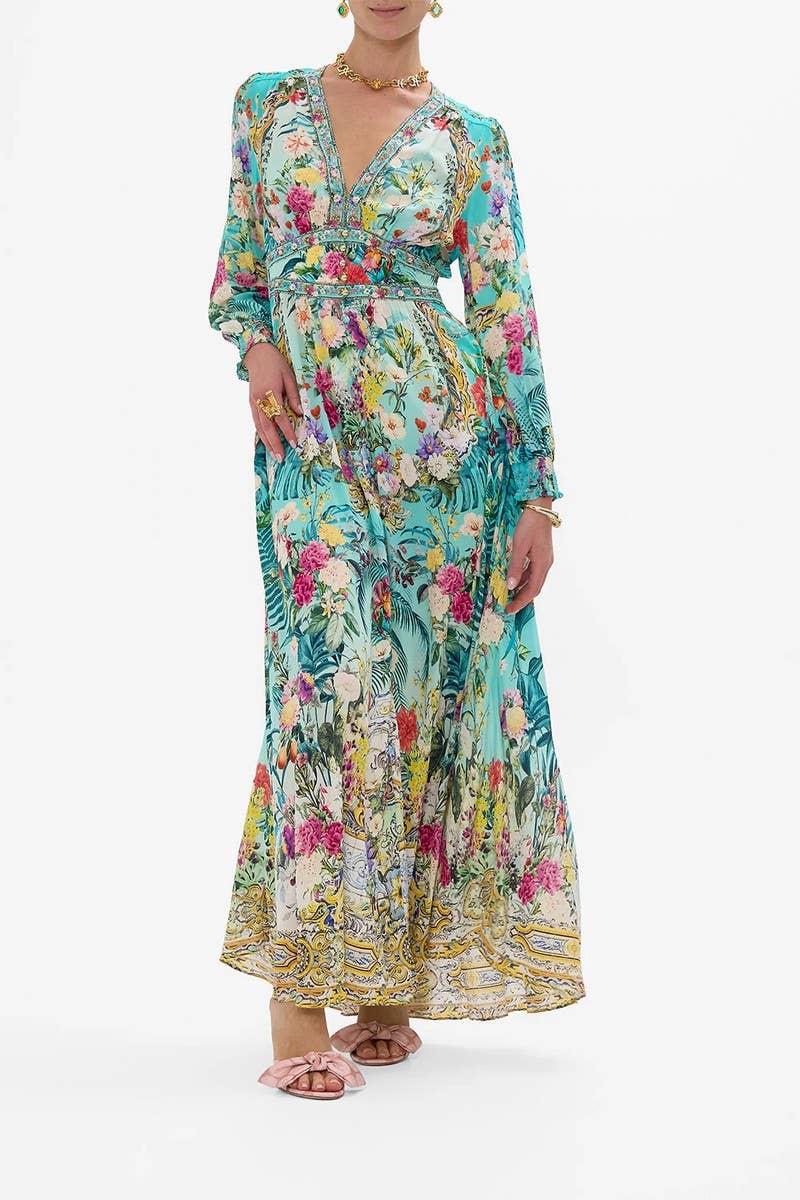 CWDMD5722_SUMMER V-NECK LONG-SLEEVED PUFF SLEEVE DRESS: BEIGE / (XL) 1