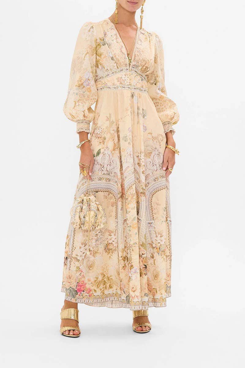 CWDMD5722_SUMMER V-NECK LONG-SLEEVED PUFF SLEEVE DRESS: BEIGE / (XL) 1