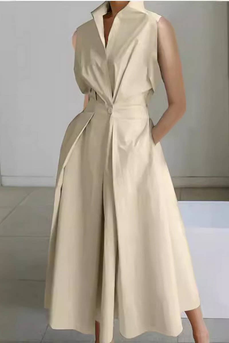 CWDMD01052_SUMMER COMMUTING V-NECK BUTTON-DOWN DRESS: WHITE / (L) 1